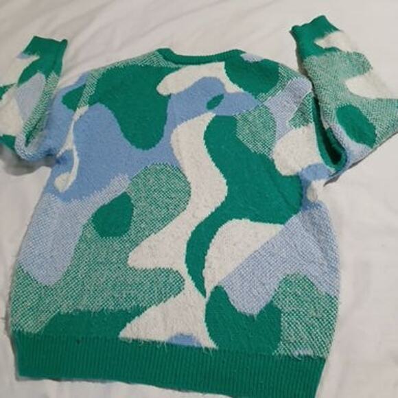 ASOS Design Oversized US 4 Camo Blue/Green/White.Crew Neck Sweater Ribbed Cuff - Picture 8 of 13